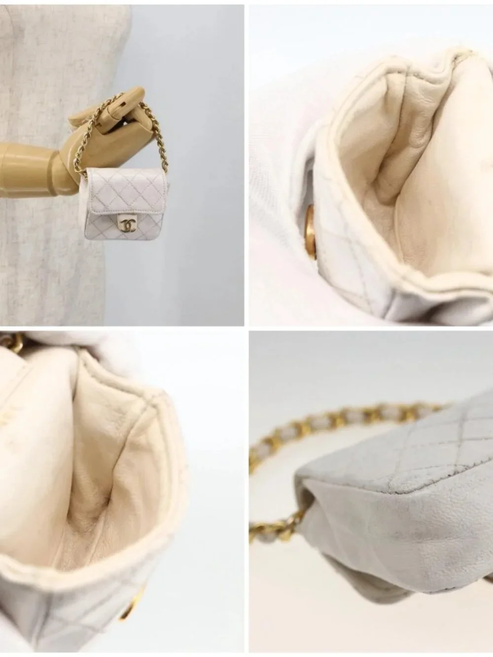 CHANEL Minimini Matelasse 7 Pouch Leather White Gold CC Auth LNZ849